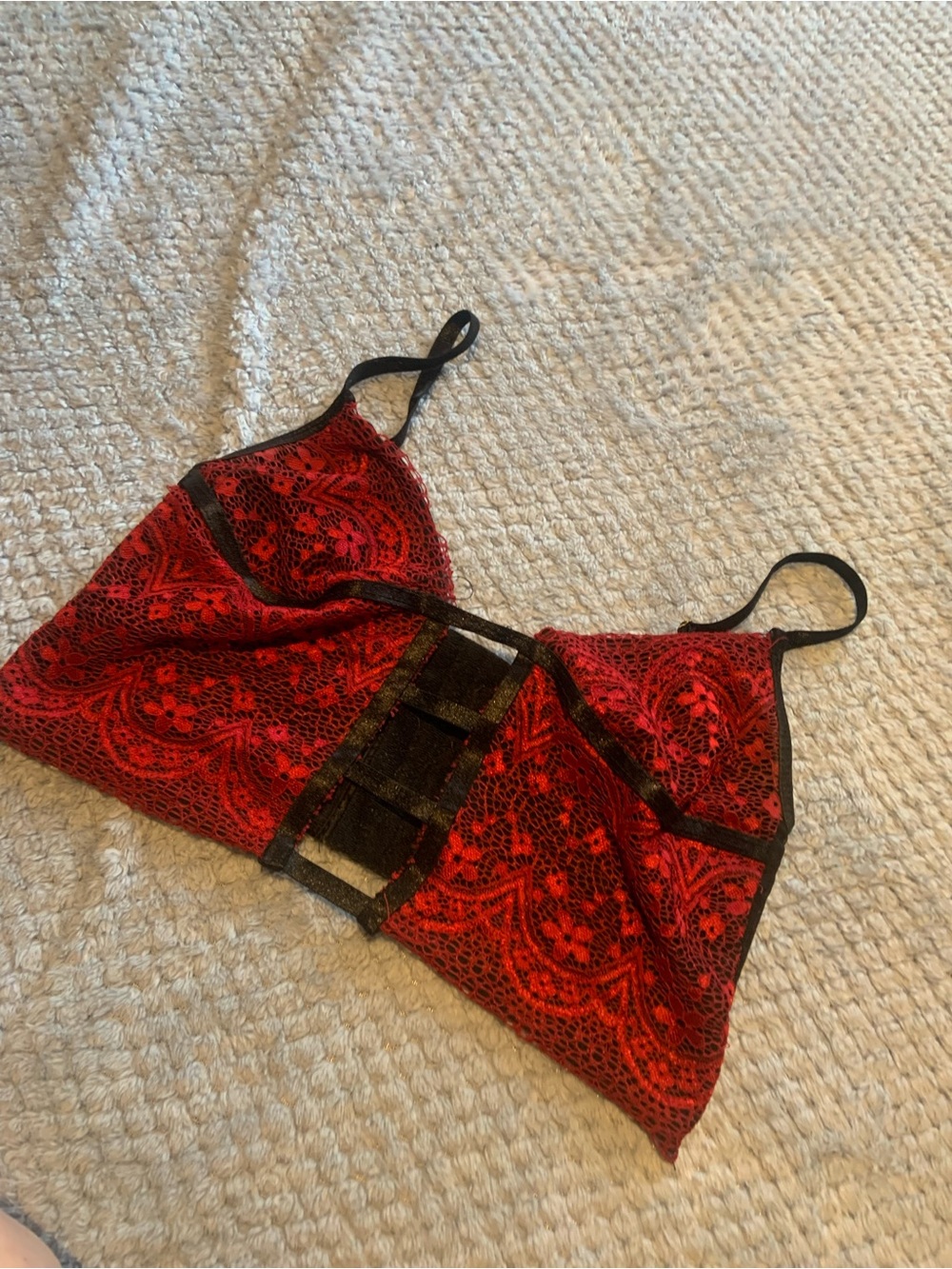 Red Lace Bralette with Black Trim and mesh back